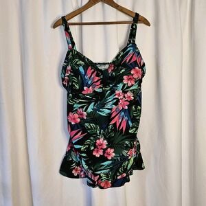 Womens Black Floral Ruffle Bottom Swim Top‎ Size 22 Lightly Padded